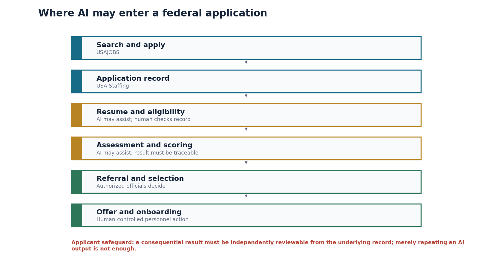 Applicant-facing diagram showing where artificial intelligence may assist during a federal application and where human review remains required